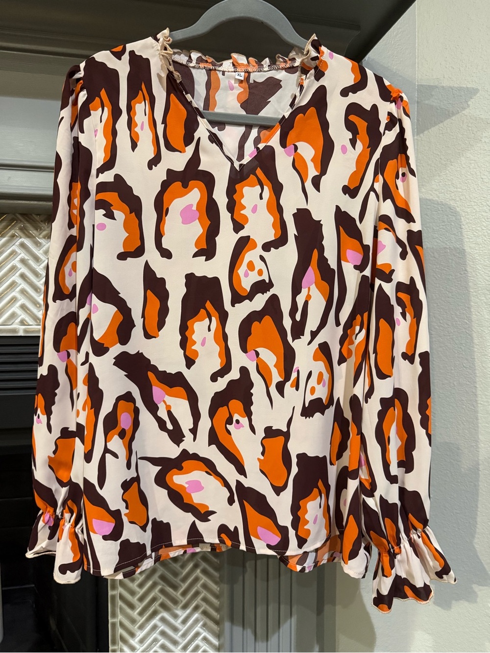 Women’s Cream Animal-Print Long Sleeve Blouse with Orange Accents